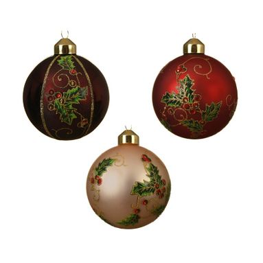 SFERA NATALIZIA IN VETRO ROSSO/PERLA/BORDEAUX 8CM.