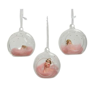 SFERA NATALIZIA IN VETRO 8CM CON FATE ROSA.