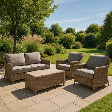 SET SALOTTO ADRIANO IN ECORATTAN BEIGE CON CUSCINI GRIGI E TAVOLO BASSO CON TOP EFFETTO SABBIA IN VETRO