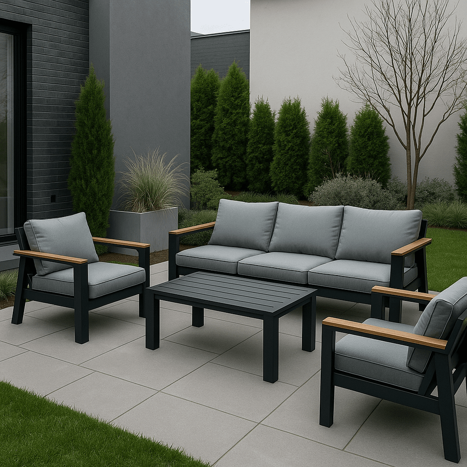 set-salotto-kristian-con-divano-3-posti-2-poltrone-e-tavolo-basso-in-alluminio-nero-con-braccioli-effetto-legno-e-cuscini-grigi