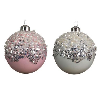 SFERA NATALIZIA BIANCA/ROSA 8CM CON PAILETTES