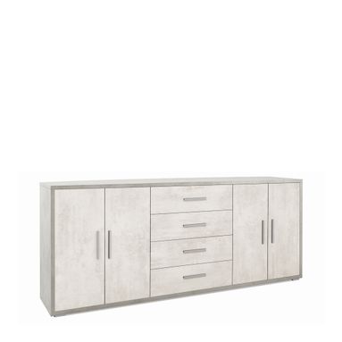 MOBILE 4 ANTE 4 CASSETTI KIT 203X41XH84CM STRUTTURA CEMENTO FRONTALE OSSIDO BIANCO