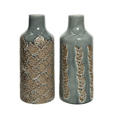 VASO SMALTATO BLU CON DECO FIORI ASSORTITI 45CM