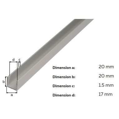 PROFILO AD U 20X20X2000MM ALLUMINIO ANODIZZATO