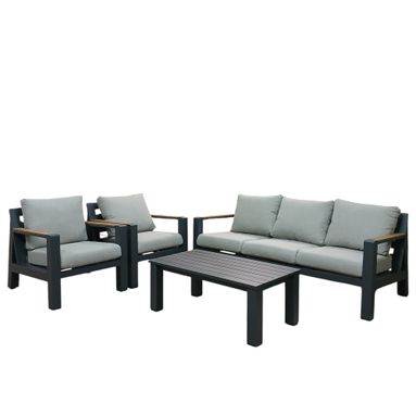 SET SALOTTO KRISTIAN CON DIVANO 3 POSTI, 2 POLTRONE E TAVOLO BASSO IN ALLUMINIO NERO CON BRACCIOLI EFFETTO LEGNO E CUSCINI GRIGI