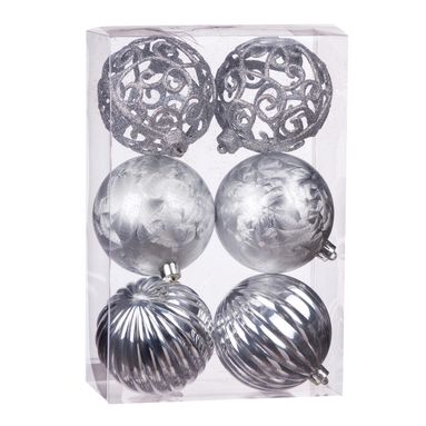 SFERE NATALIZIE 10CM ARGENTO 6 PZ. IN 3 MODELLI.