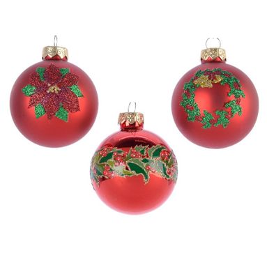 SFERA NATALIZIA IN VETRO ROSSO 8CM DECORATA