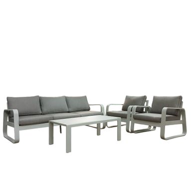 SET SALOTTO LUISE CON DIVANO 3 POSTI, 2 POLTRONE E TAVOLO BASSO IN ALLUMINIO BIANCO CON CUSCINI GRIGI