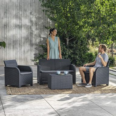 SET SALOTTO ROSALIE POLIPROPILENE COLORE GRAFITE EFFETTO RATTAN 4 PEZZI