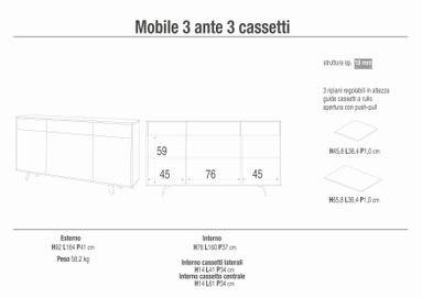MOBILE 3 ANTE 3 CASSETTI KIT 164X41XH92CM STRUTTURA OSSIDO BIANCO FRONTALE ROVERE DOGATO