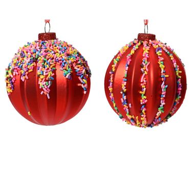 SFERA NATALIZIA 8CM ROSSA CON ZUCCHERINI IN VETRO.