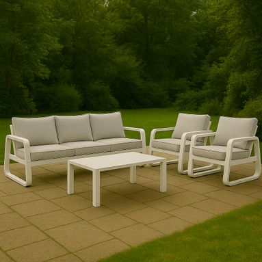 SET SALOTTO LUISE CON DIVANO 3 POSTI, 2 POLTRONE E TAVOLO BASSO IN ALLUMINIO BIANCO CON CUSCINI GRIGI