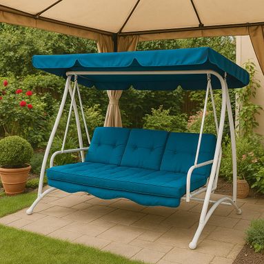 DONDOLO MALAGA 3 POSTI CM.220X105X170H. CUSCINI IN TESSUTO COLORE BLU E STRUTTURA IN METALLO VERNICIATO BIANCO