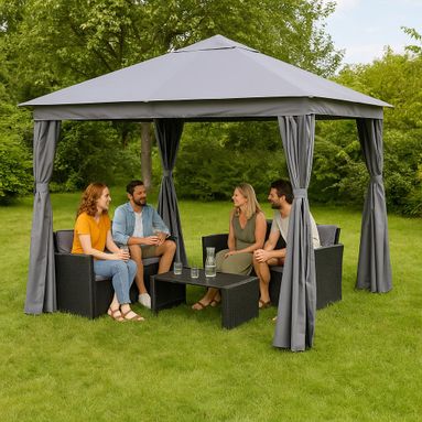 GAZEBO CON STRUTTURA IN METALLO BIANCA CON COPERTURA E TELI COLORE GRIGIO MT.3X4