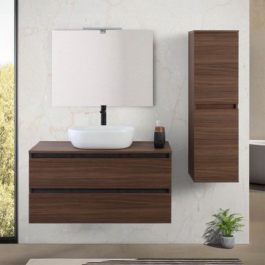 MOBILE BAGNO REVITAL IN NOBILITATO BICOLORE NOCE/OSSIDO CM.101 CON CIOTOLA IN CERAMICA SOSPESA E SPECCHIO
