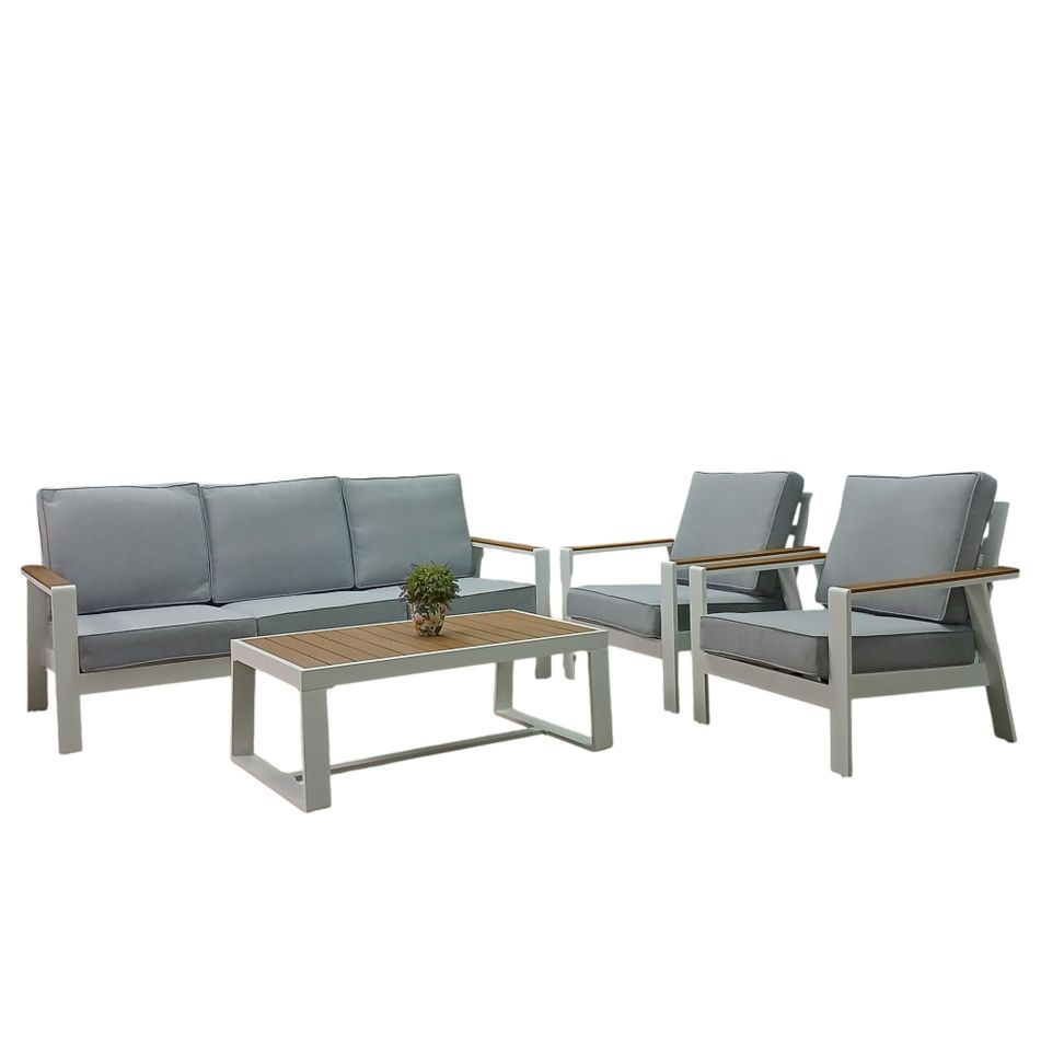 set-salotto-kevin-con-divano-3-posti-2-poltrone-e-tavolo-basso-in-alluminio-bianco-con-braccioli-effetto-legno-e-cuscini-grigi