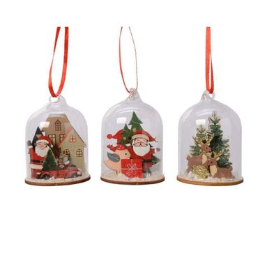 CLOCHE 8CM CON FIGURE MISTE IN LEGNO E VETRO.