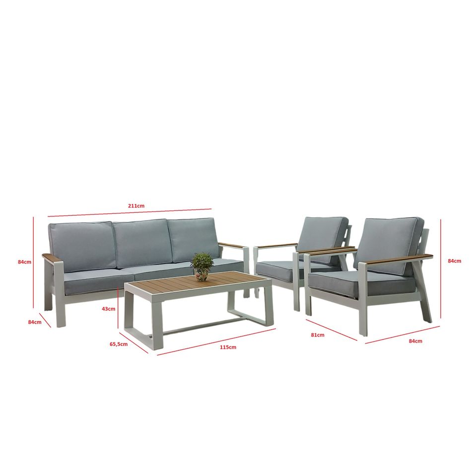 set-salotto-kevin-con-divano-3-posti-2-poltrone-e-tavolo-basso-in-alluminio-bianco-con-braccioli-effetto-legno-e-cuscini-grigi
