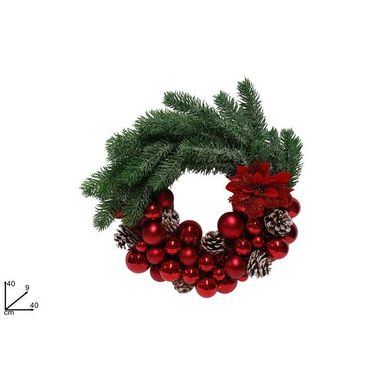 DIETROPORTA D.40CM VERDE CON SFERE ROSSE E PIGNE