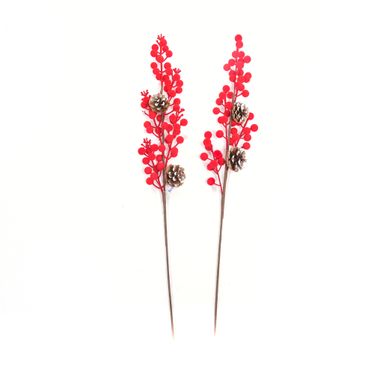 PICK BACCHE ROSSE 61CM CON PIGNE FLOCCATE.