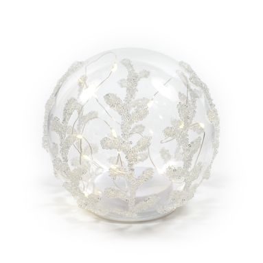 SFERA NATALIZIA 15CM IN VETRO CON PERLINE E LUCI.