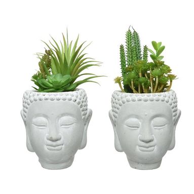 VASO BHUDDA GRIGIO CON PIANTA GRASSA D.14XH23CM