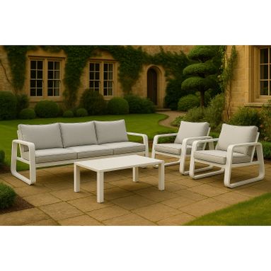 SET SALOTTO LUISE CON DIVANO 3 POSTI, 2 POLTRONE E TAVOLO BASSO IN ALLUMINIO BIANCO CON CUSCINI GRIGI