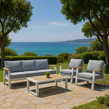 SET SALOTTO KEVIN CON DIVANO 3 POSTI, 2 POLTRONE E TAVOLO BASSO IN ALLUMINIO BIANCO CON BRACCIOLI EFFETTO LEGNO E CUSCINI GRIGI