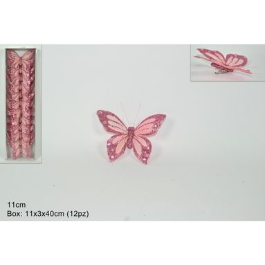 BOX 12 FARFALLE ROSA 11CM CON PINZETTA.