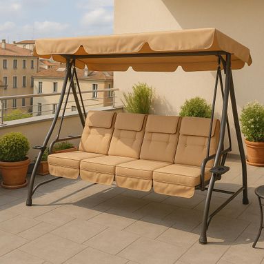 DONDOLO LETTO SIVIGLIA 4 POSTI CON STRUTTURA IN ACCIAIO COLORE MARRONE COPERTURA IMPERMEABILE E CUSCINI SPESSORE CM.8 BEIGE DIMENSIONI ESTERNE CM.240X120X164H.