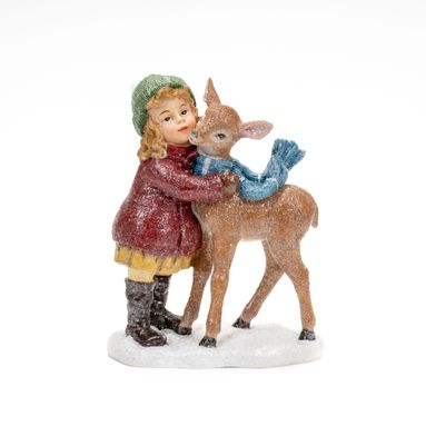 BAMBINA CON RENNA 18CM IN RESINA..